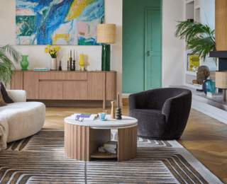 Table basse Cannela pied noyer ambré avec rangements, collection Addict